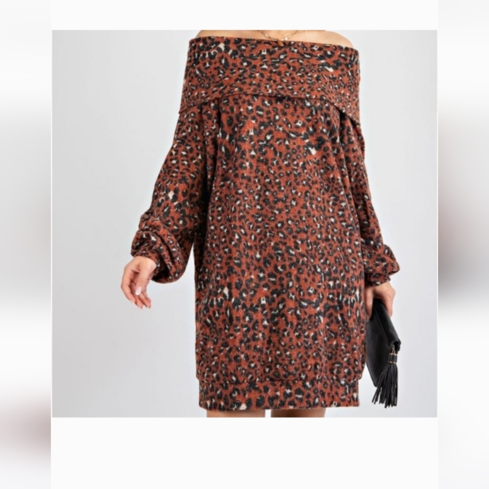 Women's Long Sleeve Animal Printed Brushed Hacci Knit Cowl Neck Dress NWT
